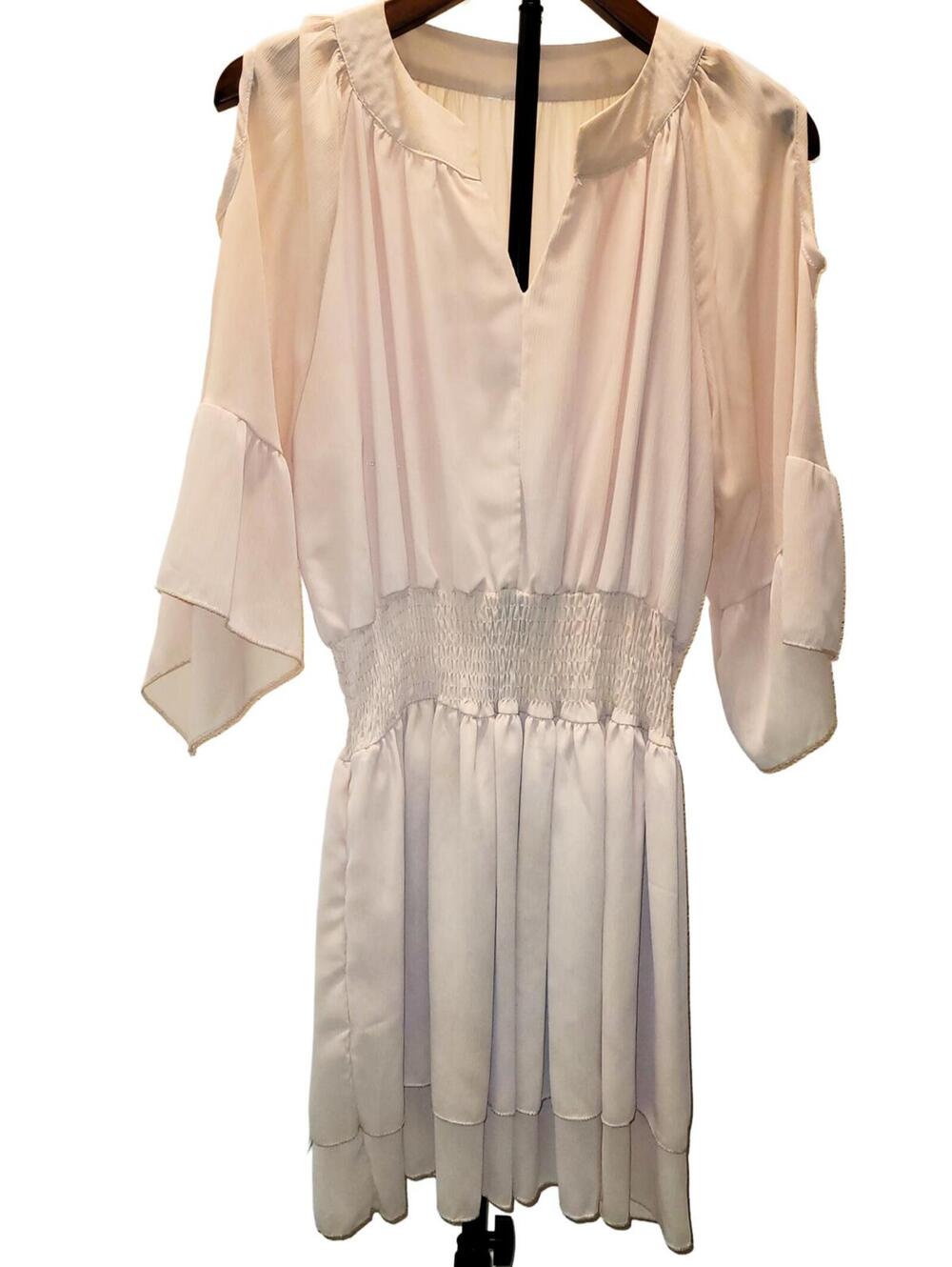 Cream Cold Shoulder Dress with Smocked Waist and Flared Sleeves Size 2X